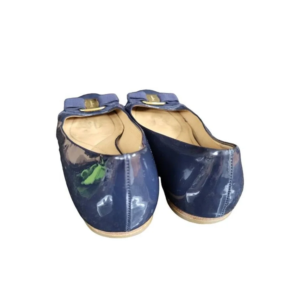 Salvatore Ferragamo Womens Varina Oxford Flat Shoes Blue Patent Leather Bow 7_2